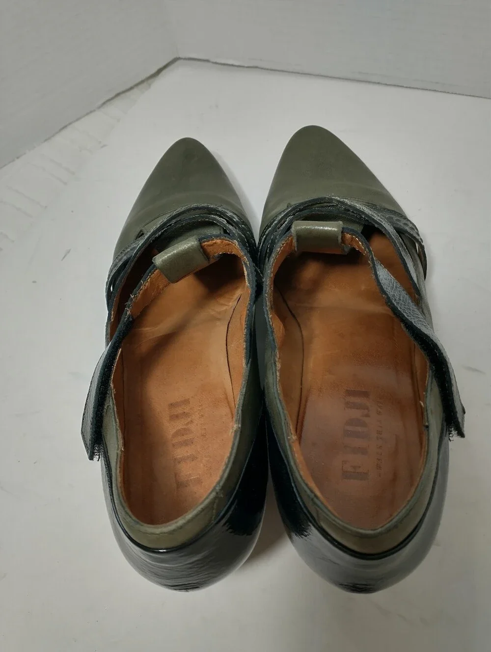 Fidji Green Leather Strappy Women's Heels With Black Patent, Euro Size 40‎